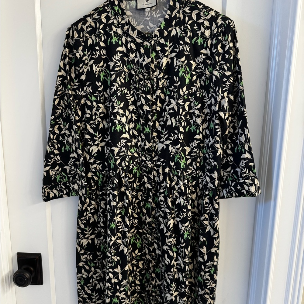 Tuckernuck Black Floral Midi Dress with Green and White Leaf Print